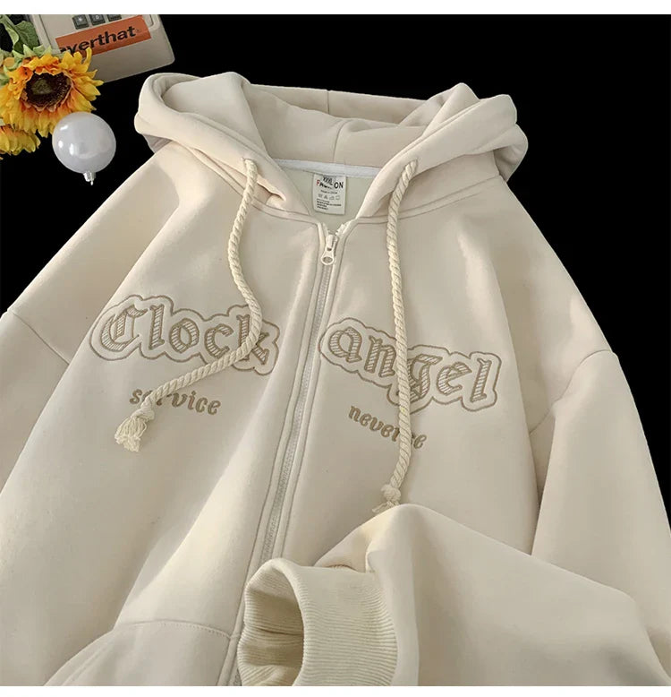 xiangtuibao -  Men Zip-up Hoodies Embroidered Clock Angel Letter Vintage Hooded Gothic Trend Couple Outerwear Y2k Women Hoodie Autumn Cardigan
