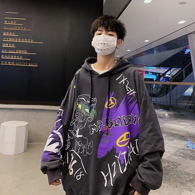 xiangtuibao Autumn and winter Korean style trend plus fleece hooded sweater men graffiti hip-hop all-match loose printed coat couple sweater