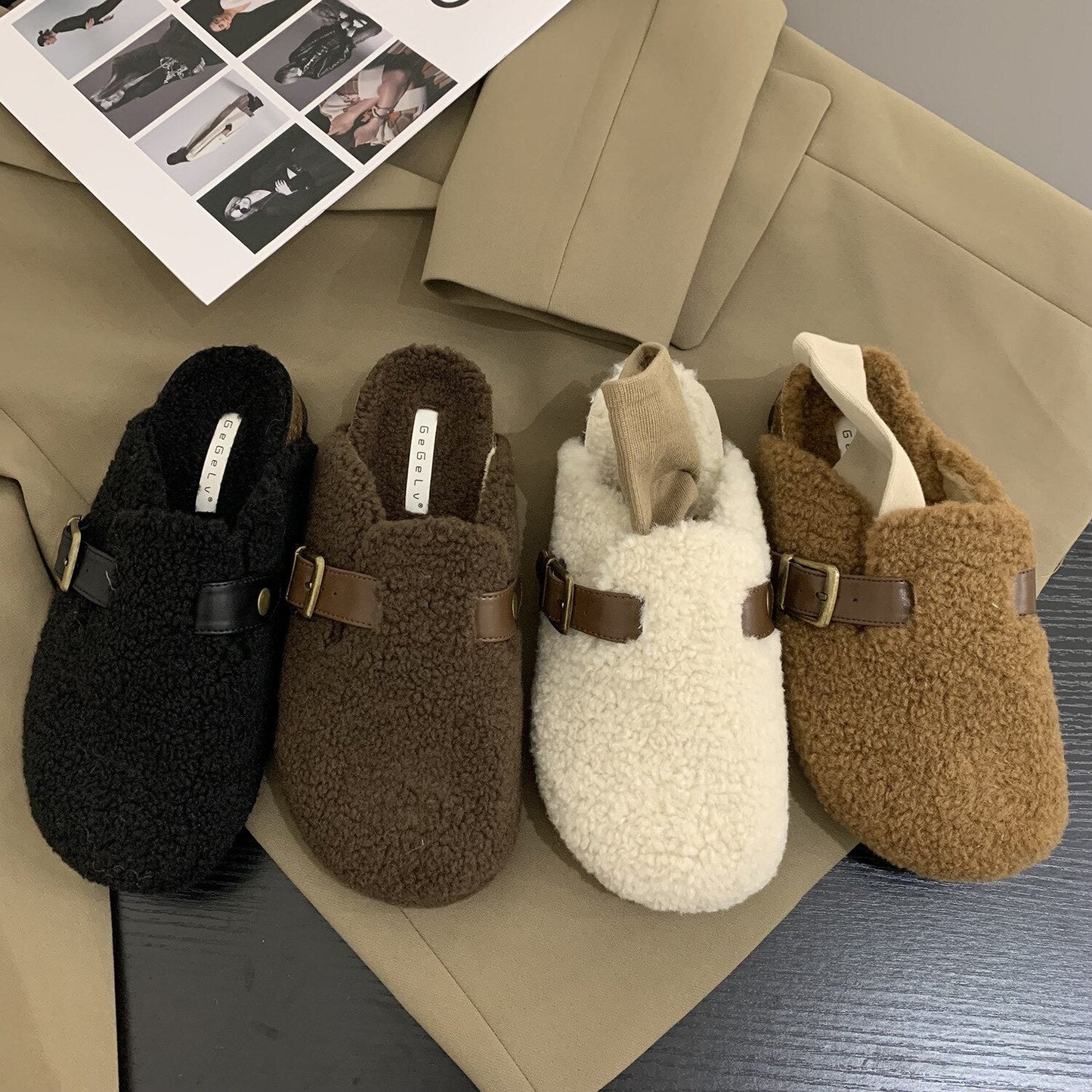 xiangtuibao Plush Muller Shoes Half Slipper For Women Fashion Designed Belt Buckle Furry Indoor Slippers Winter Warm Keeping Shoes