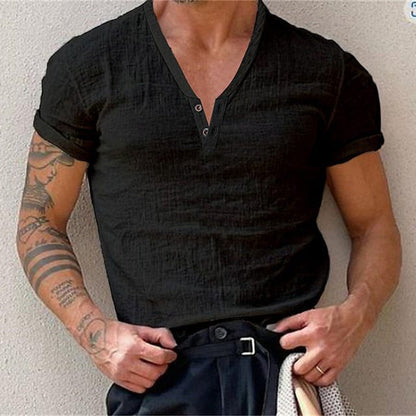 xiangtuibao Cotton Casual t Shirts Mens Clothing Solid Short Sleeve Polos Shirts Summer Fashion Man Streetwear Button V-neck Tee Tops