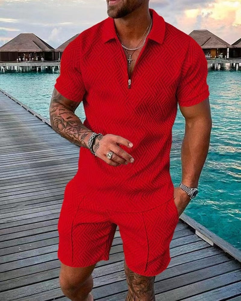 xiangtuibao Men's Polo Suit Fashion Men Sets Mens Solid Color Summer V-neck Zipper Short Sleeve POLO Shirt+Shorts Two Pieces Men Casual Suit