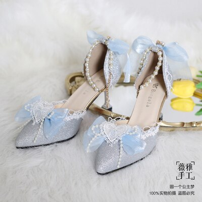 xiangtuibao Kawaii Girl Tea Party Elegant Pearl Love Lace Bowknot Lolita Shoes Multicolor Exquisite Embroidery Pointed Sandals Cosplay Lolit