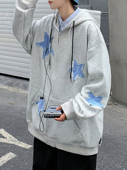 xiangtuibao Y2k Men's Star Patch Hoodies Harajuku Zip Up Oversized Sweatshirts Hip Hop Gothic Loose Pocket Korean Jacket Hoodie Streetwear