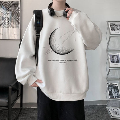 xiangtuibao Winter Warm Sweatshirts New Men Simple Stroke Moon Graphic Pullovers Oversized Korean Style Man Letter Print O Neck Tops