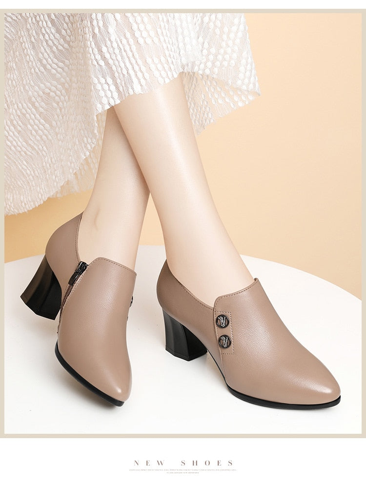 xiangtuibao Genuine Leather Shoes Dress  New Autumn Women's Shoes Pointed Toe Thick Heel Ladies High Heels Spring Work Shoes Mid-heel
