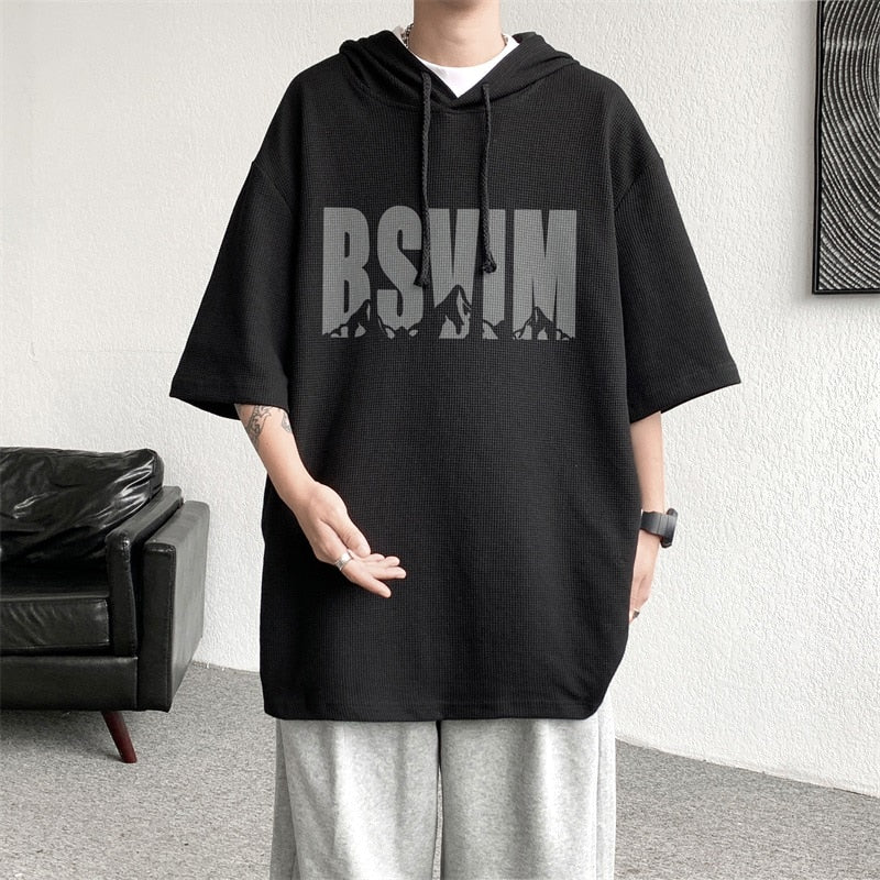 xiangtuibao Fashion Men Short Sleeve Hoodies Letter Printing Black White Summer Casual Hooded Jumper Oversize Clothing Streetwear Pullover