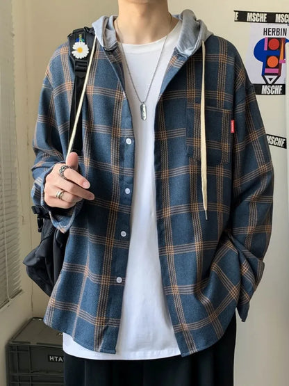 xiangtuibao Men Women Hooded Long Sleeve Shirt Casual Plaid Printed Shirts Couple Casual Clothes Hip Hop Streetwear Blouse Tops