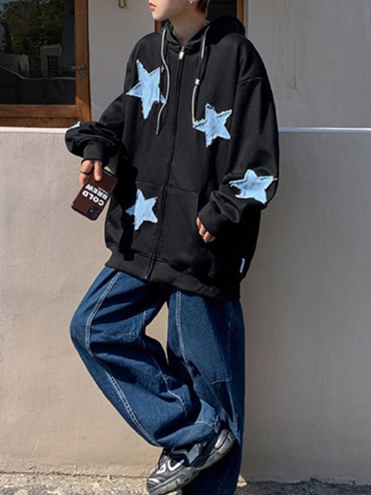 xiangtuibao Y2k Men's Star Patch Hoodies Harajuku Zip Up Oversized Sweatshirts Hip Hop Gothic Loose Pocket Korean Jacket Hoodie Streetwear