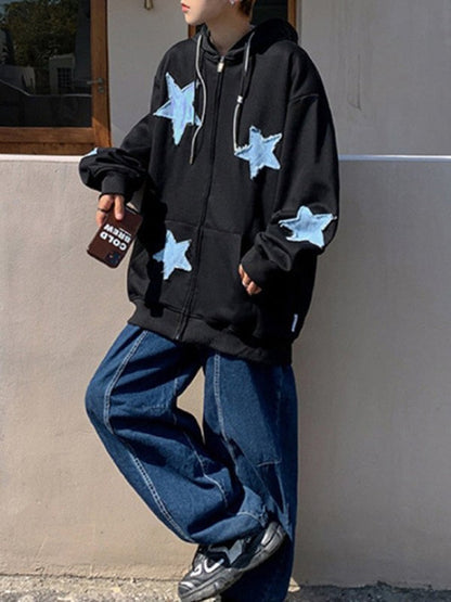 xiangtuibao Y2k Men's Star Patch Hoodies Harajuku Zip Up Oversized Sweatshirts Hip Hop Gothic Loose Pocket Korean Jacket Hoodie Streetwear