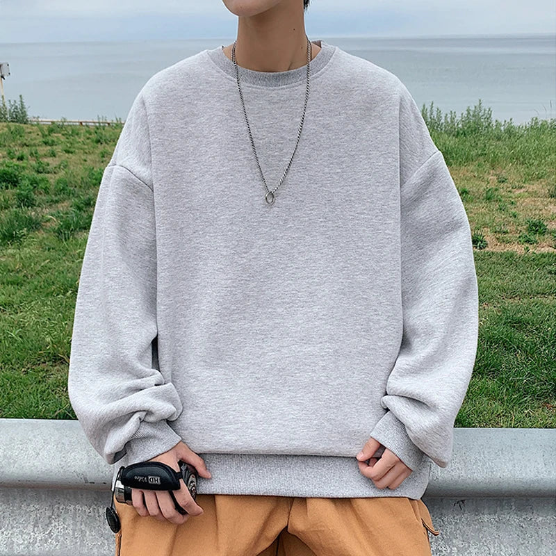 xiangtuibao  -  Streetwear Oversize Sweatshirts Casual Spring Solid Long Sleeve Tops Tee For Man Fashion Loose O-Neck Simple Shirts Men Clothing