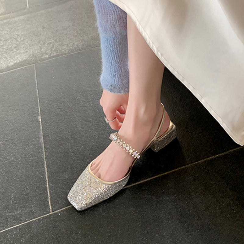 Rimocy Shining Sequins Square Heels Sandals Women Fashion Crystal Strap Party Shoes Woman Sqaure Toe Bling Low Heeled Pumps