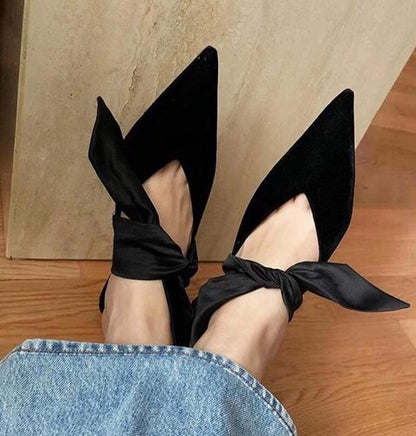 xiangtuibao French Silk Tie Bow Sandals New Low-heeled Shoes Pointed Stilettos