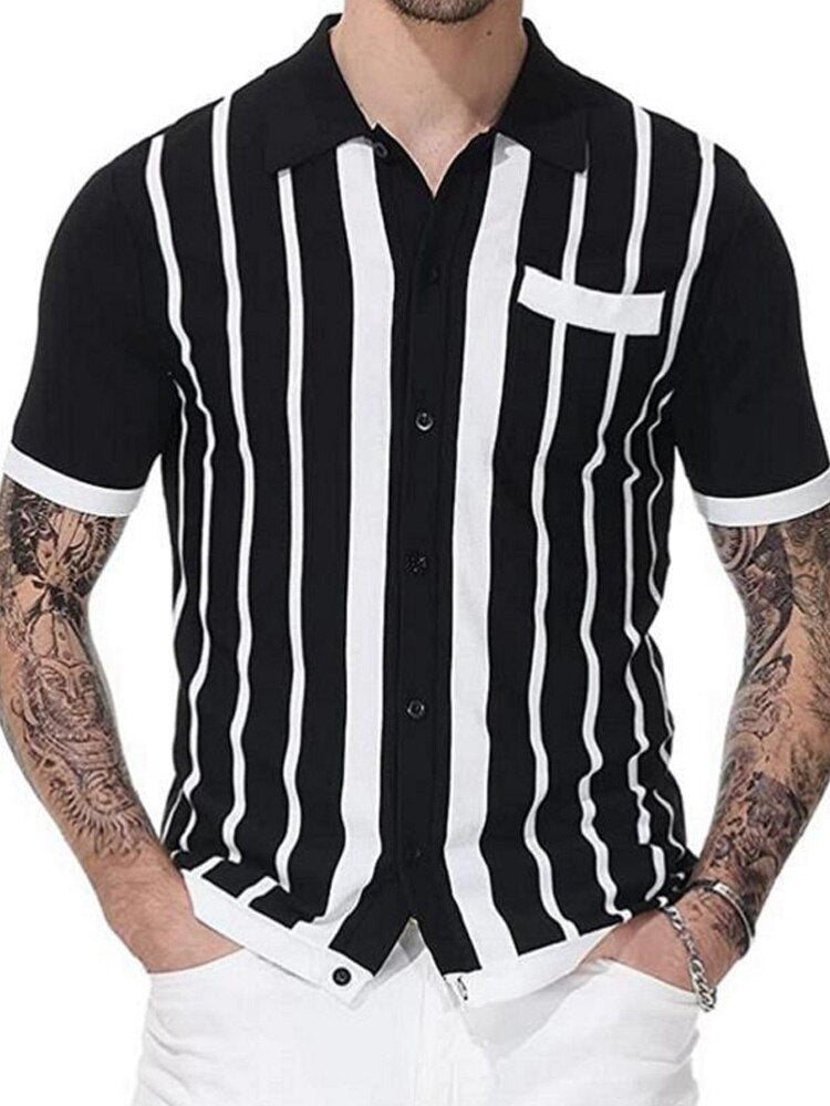 xiangtuibao Summer Short Sleeve Knitted Polo Shirt Casual Men Button-up Turn-down Collar Tops Mens Fashion Striped Polos Man Streetwear