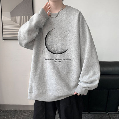 xiangtuibao Winter Warm Sweatshirts New Men Simple Stroke Moon Graphic Pullovers Oversized Korean Style Man Letter Print O Neck Tops