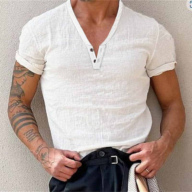 xiangtuibao Cotton Casual t Shirts Mens Clothing Solid Short Sleeve Polos Shirts Summer Fashion Man Streetwear Button V-neck Tee Tops