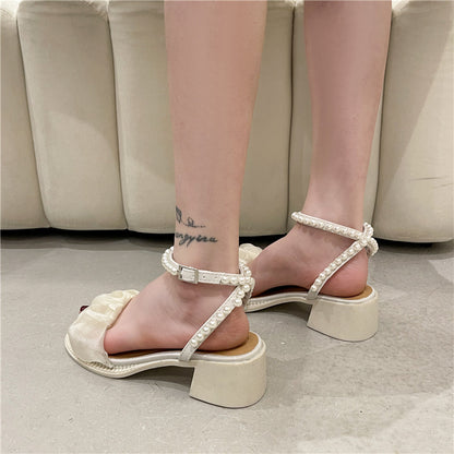 xiangtuibao  Sandals White  bow Pearl Rhinestone Bow Ribbon Sweety Princess Style Lower Square Heels Short Fat Heels