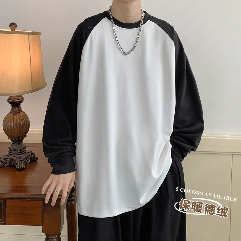 xiangtuibao  -  Winter Plush T Shirt Men Warm Oversized Casual Round Neck Tshirt Men Streetwear Korean Loose Long Sleeved T-shirt Mens Top S-3XL