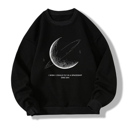 xiangtuibao Winter Warm Sweatshirts New Men Simple Stroke Moon Graphic Pullovers Oversized Korean Style Man Letter Print O Neck Tops