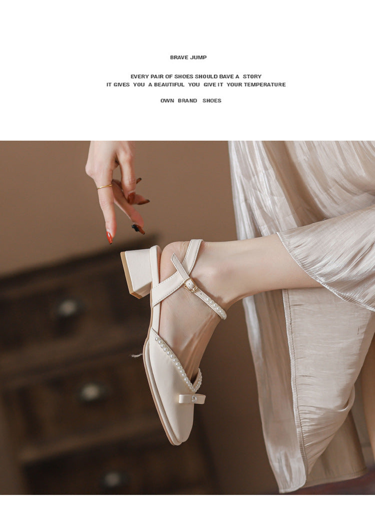 High Heel Sandal for Women Shoes Closed Toe Suit Female Beige  Summer High-heeled Fashion Block Comfort Black Square Low Cle