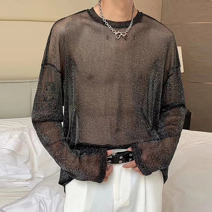 xiangtuibao  -  Tops Mens Sexy Transparent Glitter Mesh T Shirts Fashion Long Sleeve O Neck See Through Basic Tops Men Streetwear Tees