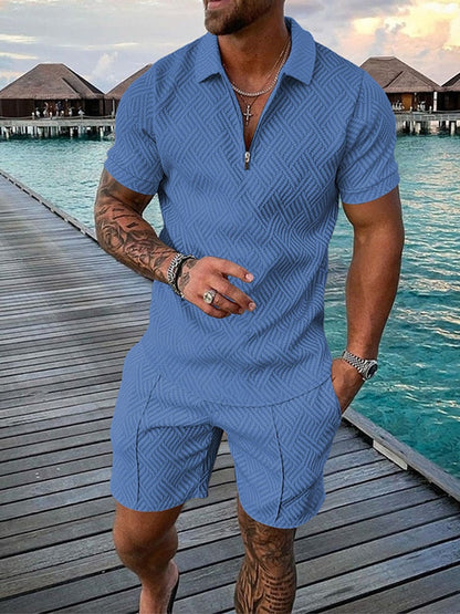 xiangtuibao Men's Polo Suit Fashion Men Sets Mens Solid Color Summer V-neck Zipper Short Sleeve POLO Shirt+Shorts Two Pieces Men Casual Suit