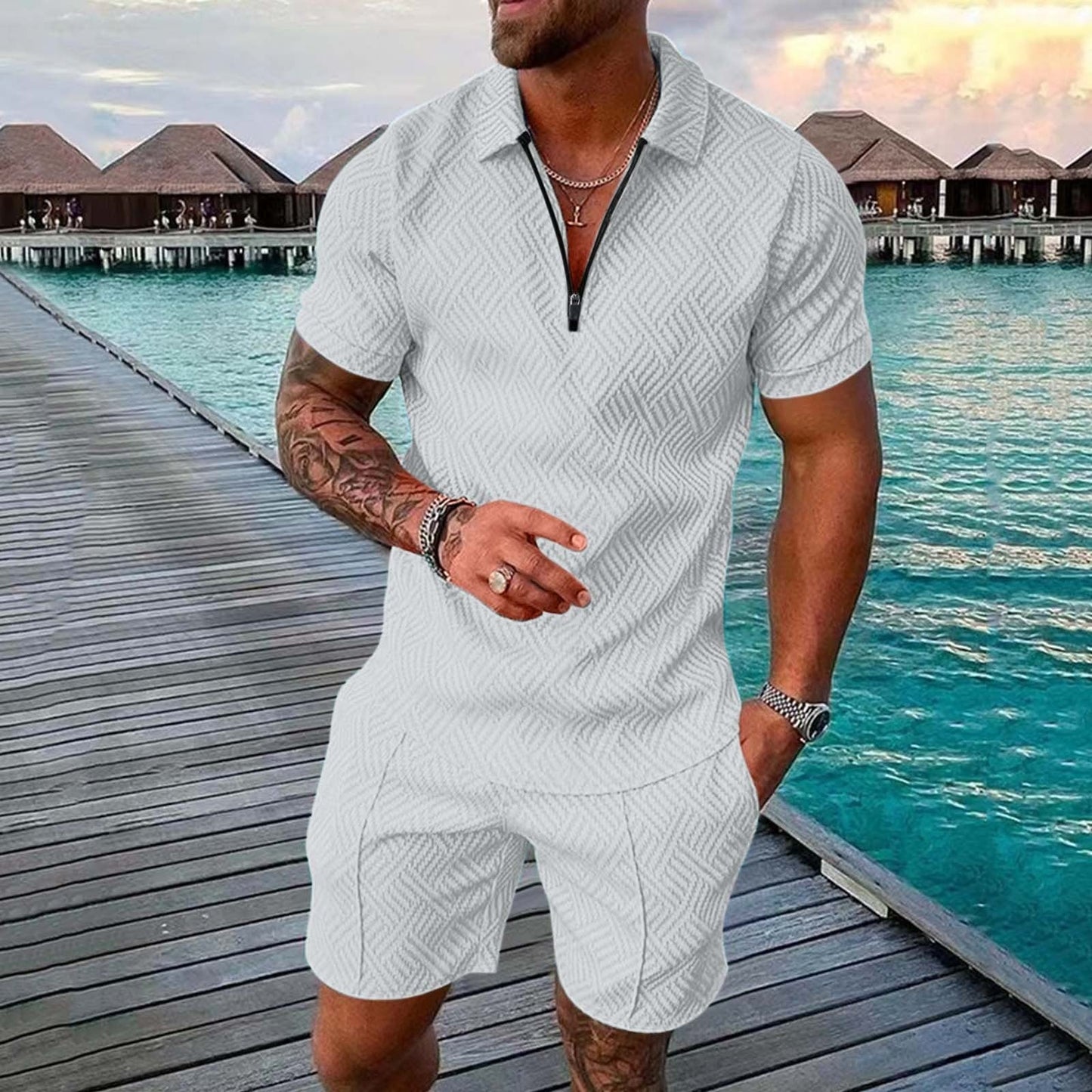 xiangtuibao Men's Polo Suit Fashion Men Sets Mens Solid Color Summer V-neck Zipper Short Sleeve POLO Shirt+Shorts Two Pieces Men Casual Suit