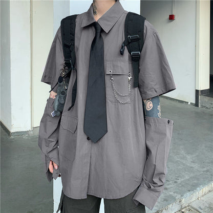 xiangtuibao Gray Shirts Women Harajuku Detachable Sleeve Oversized Bf Gothic Blouse with Tie Vintage Streetwear Punk Autumn Shirt