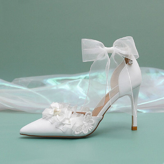 xiangtuibao Pointed Baotou Hollow Slotted Sweet Women's Shoes Chiffon Bowknot Removable Wrist Strap Bridesmaid High Heel Sandals