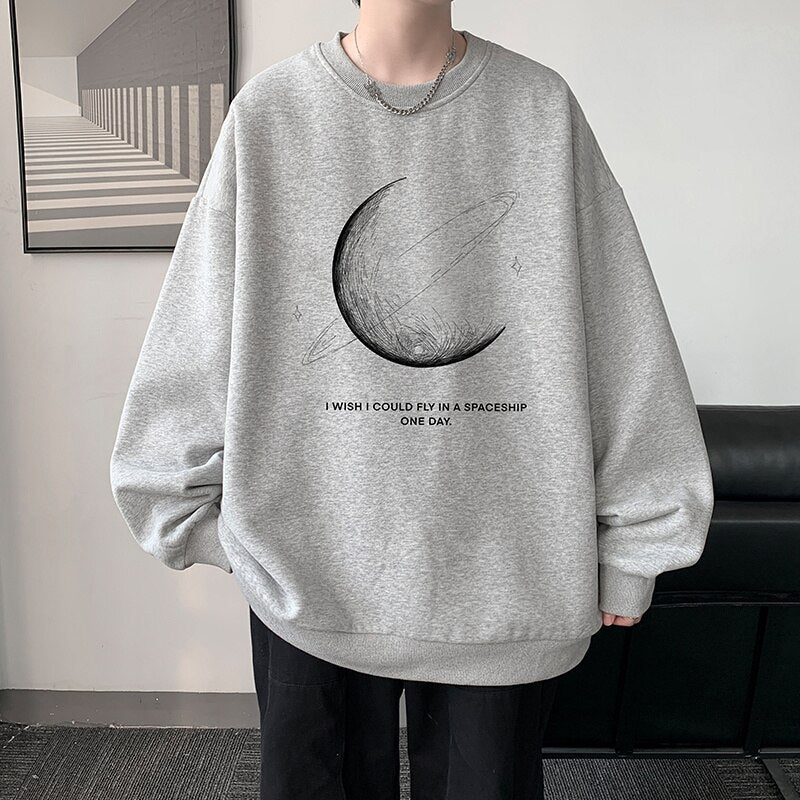 xiangtuibao Winter Warm Sweatshirts New Men Simple Stroke Moon Graphic Pullovers Oversized Korean Style Man Letter Print O Neck Tops