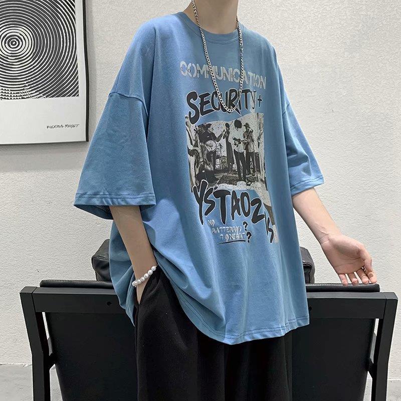 xiangtuibao Summer Men's Clothing Short Sleeve Loose Trend Fashion Printed Round Neck Casual Hong Kong Breeze Handsome Simplicity T-shirt