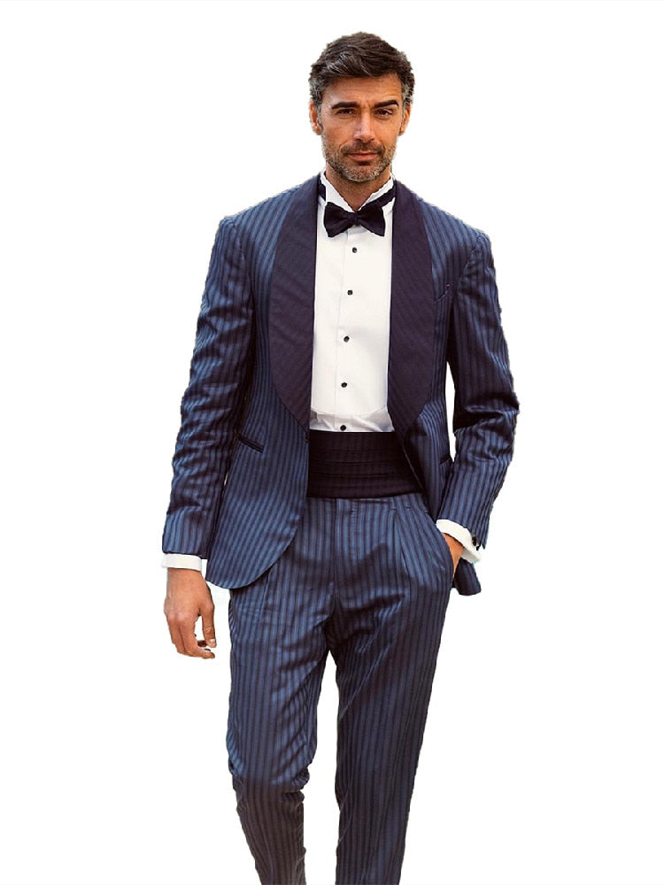 xiangtuibao Men's Suit 2 Pieces Blazer Pants One Button Wide Satin Lapel Pinstripes Formal Business Slim Formal Wedding Groom Costume Homme