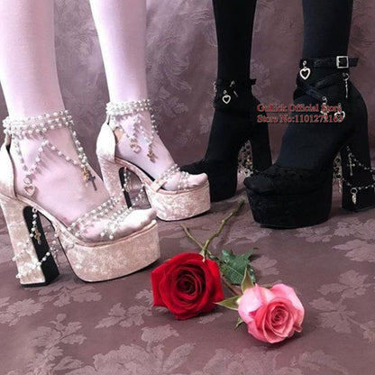 New Velvet Chunky Heels Women Sandals String Bead Pearl Chain Platform Runway Shoes PVC