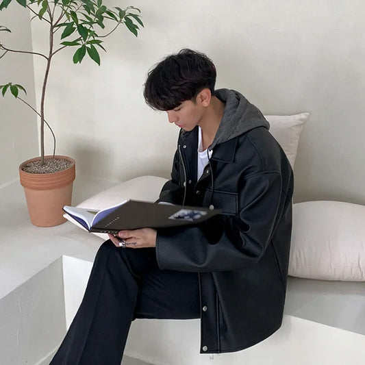 xiangtuibao New Spring Detachable Hooded Collar Men's Korean Trend PU Leather Jacket Fashion Zipper Causal Loose Coat 2Y5722