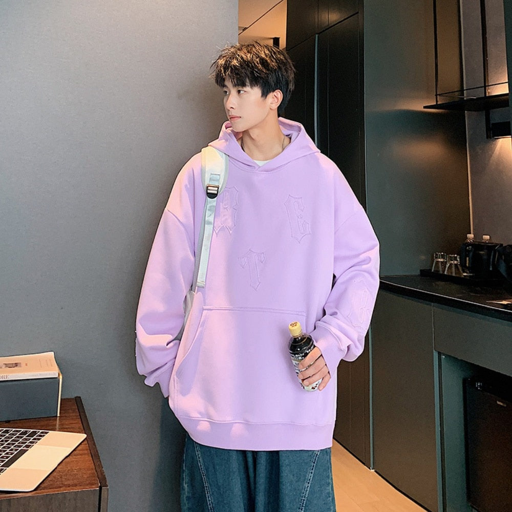 xiangtuibao American Retro Letter Patch Pullovers Autumn New Solid Hip Hop High Street Loose Hoodies Men Trend Oversized Casual Sweatshirt