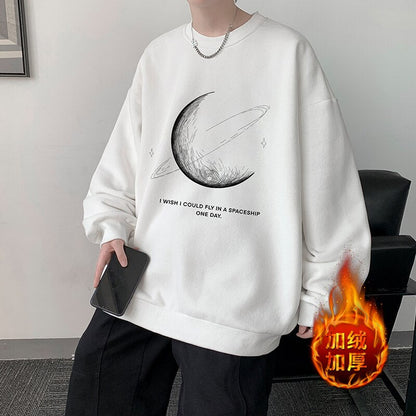 xiangtuibao Winter Warm Sweatshirts New Men Simple Stroke Moon Graphic Pullovers Oversized Korean Style Man Letter Print O Neck Tops