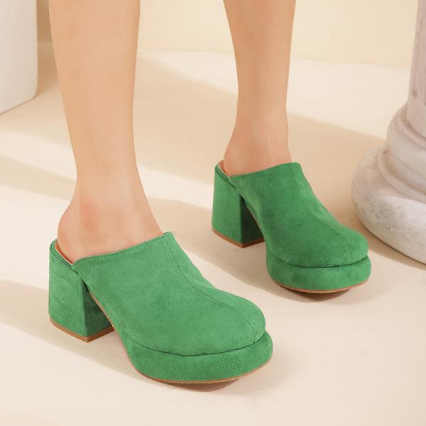 xiangtuibao Shoes Big Size Woman's Slippers Lady Heeled Mules Flock Low Slides Square heel  Girl High Block Rome Basic Rubber Fabric Sca