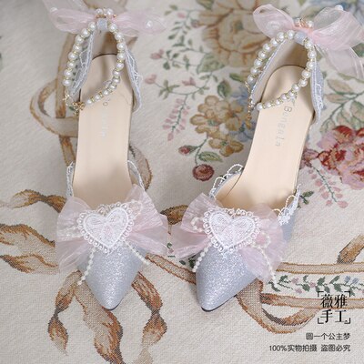 xiangtuibao Kawaii Girl Tea Party Elegant Pearl Love Lace Bowknot Lolita Shoes Multicolor Exquisite Embroidery Pointed Sandals Cosplay Lolit