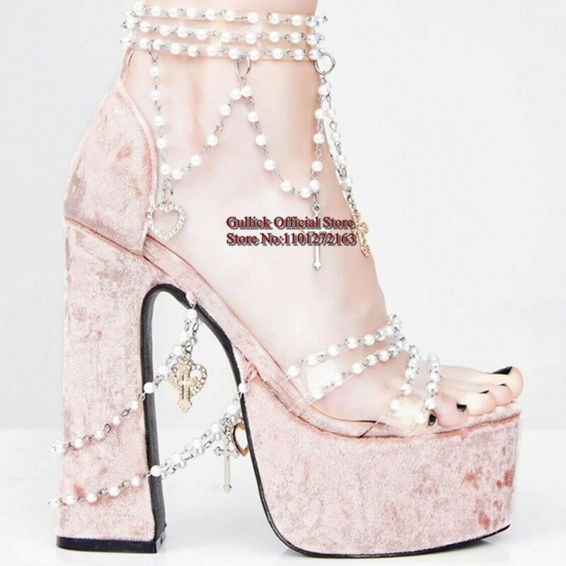 New Velvet Chunky Heels Women Sandals String Bead Pearl Chain Platform Runway Shoes PVC