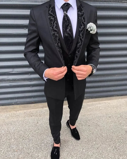 xiangtuibao Costume Homme Mariage Men's Suits Silm Black Groom Tuxedos Lace Notch Lapel Blazer Groomsmen Suits For Wedding Jacket+Vest+Pant