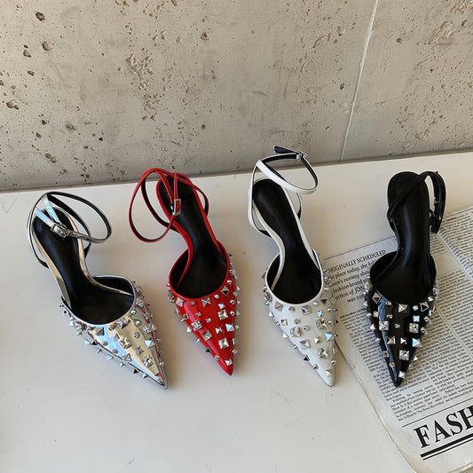 xiangtuibao Fashion Women Sandals Pointed Toe Rivet Design Summer Dress Shoes Thin High Heel Black Red White Silver Elegant Ankle Strap Pump