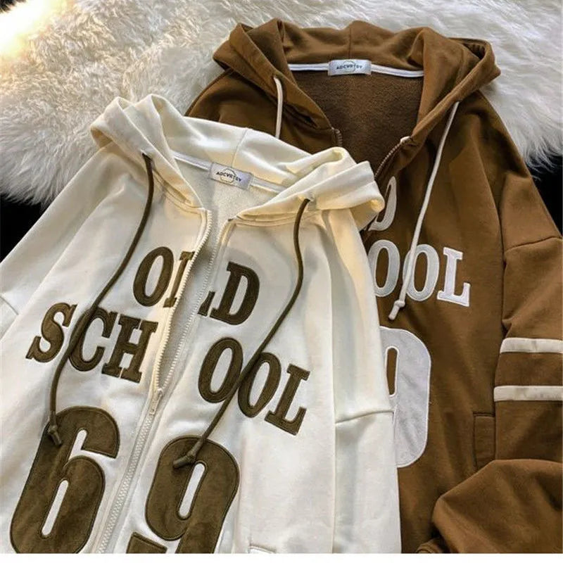 xiangtuibao Vintage Brown Embroidered Oversized Letter Hoodie Women Loose Soft Material Spring New 90s Style Unisex plus size hoodies