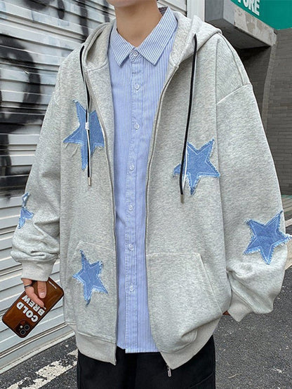 xiangtuibao Y2k Men's Star Patch Hoodies Harajuku Zip Up Oversized Sweatshirts Hip Hop Gothic Loose Pocket Korean Jacket Hoodie Streetwear