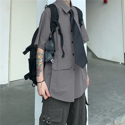 xiangtuibao Gray Shirts Women Harajuku Detachable Sleeve Oversized Bf Gothic Blouse with Tie Vintage Streetwear Punk Autumn Shirt