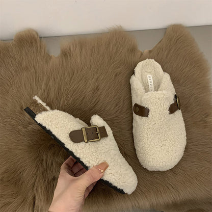 xiangtuibao Plush Muller Shoes Half Slipper For Women Fashion Designed Belt Buckle Furry Indoor Slippers Winter Warm Keeping Shoes