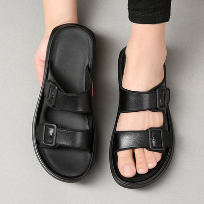 New Men's Genuine Leather Rubber Slippers High Quality Soft Two Buckle Slides Footwear For Men Flip-flops Size 38-44