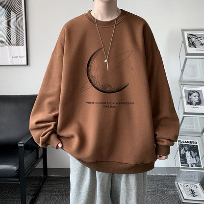 xiangtuibao Winter Warm Sweatshirts New Men Simple Stroke Moon Graphic Pullovers Oversized Korean Style Man Letter Print O Neck Tops