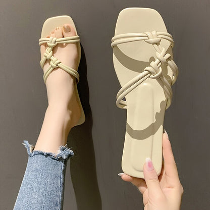 Narrow Band Weave Design Flat Slippers Women Summer Beach Slides Sandals  Casual Blue Slippers Women Shoes Plus Size 36-42