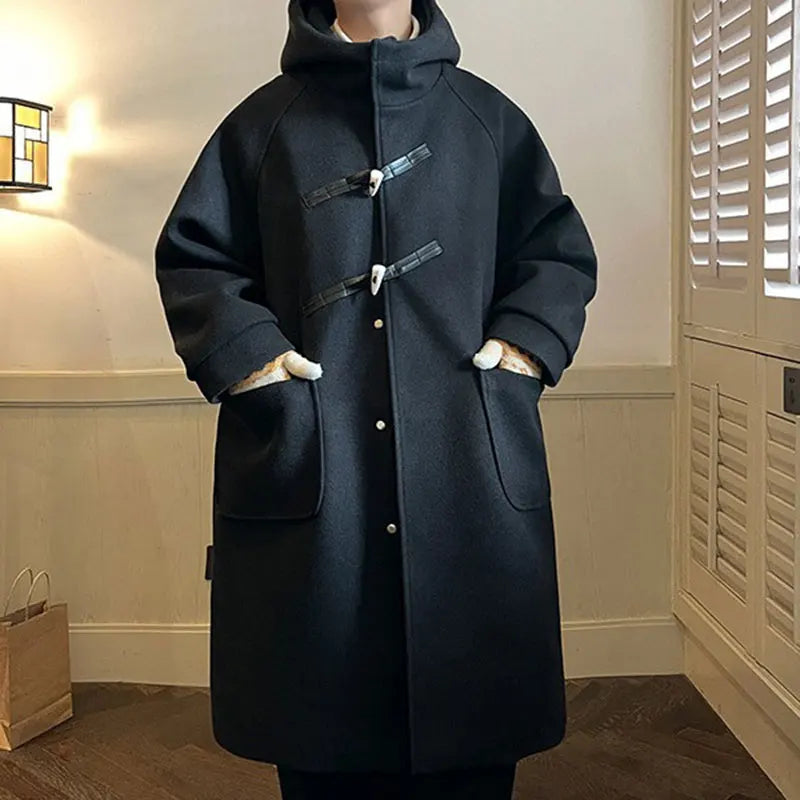 xiangtuibao Winter Men Coats Women Solid Hooded Long Jacket with Cowhorn New Korean Casual Loose Coat Fashion Male Clothing for Unisex