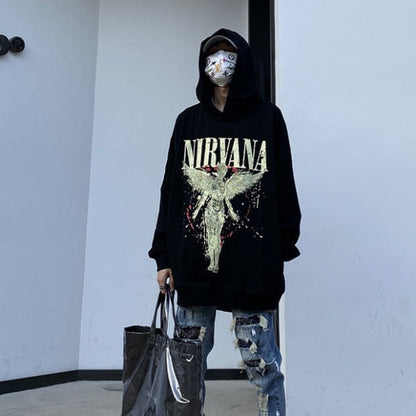 xiangtuibao y2k American style angel print hooded sweater loose high street punk sweater American retro fashion hip hop couple new jacket