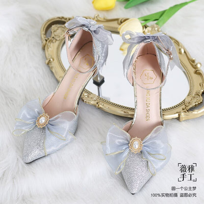 xiangtuibao French Girl Butterfly Multicolor Lace Bowknot Pearl Sequin Lolita Shoes Pointed Sandals High Heel Victoria Tea Party Cosplay Lol